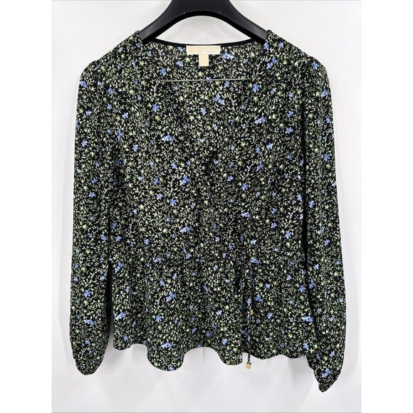 Michael Kors Blouse Large Faux Wrap Cinch Black Crepe Ditsy Floral Long Sleeve - Picture 1 of 7